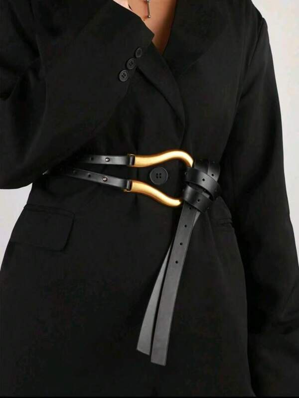 1 Piece Of Women's Fashionable And Versatile Belt, Retro And Casual Style, Exaggerated Horseshoe Buckle Black Coat Belt, Multi-Purpose Wide Horse Buckle Decorated Dress Belt