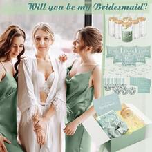 54 piezas de regalos para propuesta de damas de honor, set de regalo para damas de honor que incluye caja de regalo, bolsa de maquillaje, tarjeta de invitación, vaso de vidrio, bálsamo labial, coletero, diadema con nudo para el cabello para bodas (Verde) - Verde, blanco - Ver 4