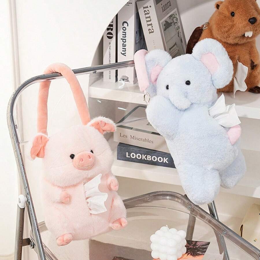 1pc Cute Pink Pig & Blue Elephant Tissue Box, Portable Plush Handheld Tissue Paper Holder, Cartoon Car/Home Decor Facial Tissue Box For Living Room, Bathroom, Coffee Table