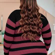 Plus Size Cold Knit Cacharrel Blouse With Thick Stripes And High Neck For Women - Black and Marsala - View 3