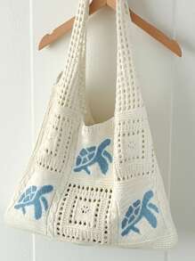Women's Summer Beach Tote Bag - Crochet Design With Sea Turtle Pattern, Large Capacity Open-Top Tote, Beige Polyester, Suitable For Casual Outings And Coastal Vacations, Beach Tote Bag, Travel Accessory, Bohemian Fashion, Woven Texture, Spacious Tote Bag, Essential For Vacation, Ideal For Work, Back To School