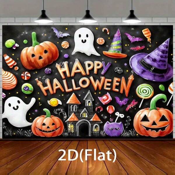1 pieza Fondo plano 2D con temática de Halloween que incluye elementos de calabaza, fantasma y casa embrujada, para decoración espeluznante - Adecuado para utilizar como accesorios, fondo de decoración de fiesta - Bandera adecuada para fiestas de cumpleaños, celebraciones al aire libre y festivales, sin necesidad de electricidad, plano 2D