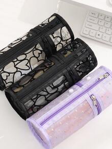 Estojo multifuncional de malha para lápis e pincéis de maquiagem, bolsa transparente para cosméticos com zíper cilíndrico, porta-canetas de dupla utilização ou bolsa para deitar com design de coração de veludo, bolsa de papelaria de grande capacidade para adolescentes, bolsa portátil dobrável para lápis e viagens escolares e de escritório, material de volta às aulas, bolsa de maquiagem de malha - Multicolorido - Ver 11