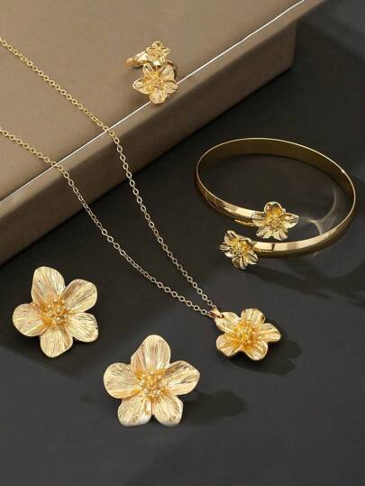 1 Set Vintage Gold Flower Pendant Necklace, Bracelet, Ring, Earrings Jewelry Set, High-End Accessories Suitable For Teenage Girls, Daily Wear, Festivals, Parties, Back To School Gifts