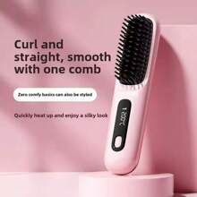 Cordless Hair Straightener Brush, Portable Negative Ion Hair Straightener Hot Comb, LCD Display Anti-Scald Hot Straightening Brush With 3 Heating Settings, USB Charging, Easy To Carry For Traveling Pink