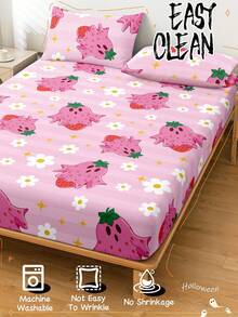 万圣节主题床笠，万圣节主题床垫保护套，床罩，舒适透气，抗起球，粉色卡通图案床罩，房间装饰，防尘防滑，适用于所有床型 - 单人床、双人床、大号床、特大号床，四季皆宜，不含枕头和枕套，可机洗，节日礼物，秋季装饰，房间装饰 - 彩色 - 查看 6