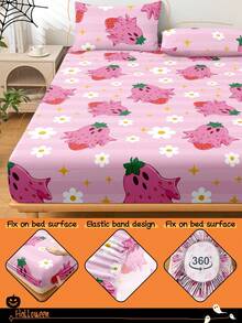 万圣节主题床笠，万圣节主题床垫保护套，床罩，舒适透气，抗起球，粉色卡通图案床罩，房间装饰，防尘防滑，适用于所有床型 - 单人床、双人床、大号床、特大号床，四季皆宜，不含枕头和枕套，可机洗，节日礼物，秋季装饰，房间装饰 - 彩色 - 查看 5