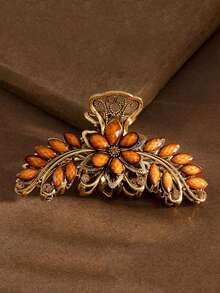 1pc Oversized Vintage Palace Style Hair Clip, Women's Daily Braided Hair Accessory, Matching Cheongsam And Hanfu, Blue Sapphire Imitation Green Alloy Hair Clip Decorated With Colorful Crystals, Retro European And American Style, Oversized Design, Suitable For New Year, Holidays, Birthday Gifts And Daily Elegant Attire, Holiday Accessories, European And American Style Hair Accessories, Women's Claw Clip, Autumn Accessories, Floral Hair Claw, Autumn/Winter Holiday Attire. Flower Hair Clip - Multicolor - View 11