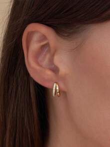 1 Pair Double Layer Stackable Huggie Hoop Earrings For Women,14K Gold Plated CZ Hoop Cartilage Helix Lobes Hinged Sleeper Small Hoop Earrings Set For Girls - Gold-1# - View 1