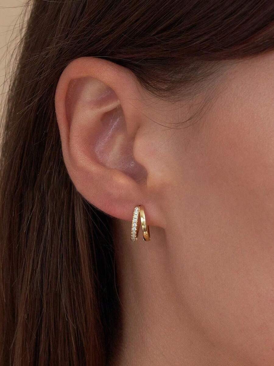 1 Pair Double Layer Stackable Huggie Hoop Earrings For Women,14K Gold Plated CZ Hoop Cartilage Helix Lobes Hinged Sleeper Small Hoop Earrings Set For Girls - Gold-1# - View 1