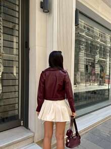 Women's Solid Color Zipper Button Backless Leather Jacket - Burgundy - View 2