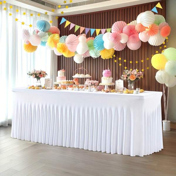1 pieza Mantel blanco para mesas rectangulares de 121,92 cm/182,88 cm/243,84 cm, funda de mesa elástica de una sola pieza de spandex con falda para eventos, banquetes, bodas y fiestas de cumpleaños