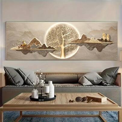 1 Arte em tela minimalista moderna e luxuosa nórdica - Lua dourada e paisagem montanhosa com árvore, decoração de parede sem moldura para sala de estar, quarto ou dormitório, design inspirado na natureza, decoração de sala de estar | Decoração moderna | Peça de parede elegante, decoração estética para sala