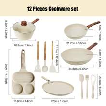 ABKOK 1pc/2pcs/3pcs/4pcs/7pcs/12pcs/15pcs Aluminium Pot Set 7.4inch Stockpot With Lid 8.3inch Wide Mouth Frying Pan 9.8inch Frying Pan Silicone Three Pieces Set Spatula Spatula Spoon Wooden Handle Suitable For Kitchen Cooking, Frying And Cooking .Multi-Piece Cookware Bundles & Single Pots Sold Separately - Mix & Match For Your Kitchen Needs