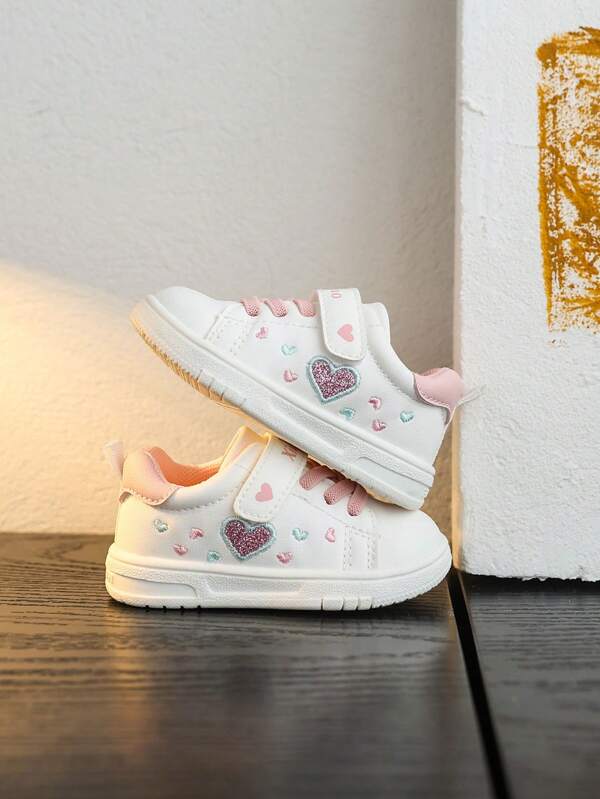 1 Pair Kids Heart Embroidery Shiny Design White Shoes, Soft Sole Anti-Slip Toddler Shoes Suitable For Outdoor Sports, Autumn/Winter New