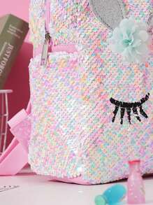 1 PC Shiny Sequined Unicorn Backpack - Cute Pastel-Colored Glitter School Bag With Flower Decorations, Adjustable Shoulder Straps, Lightweight PU Material, Suitable For School Use