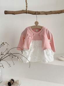 2 件套女婴甜美白玫瑰公主裙 + 长袖蝴蝶结动物耳朵开衫套装，春秋