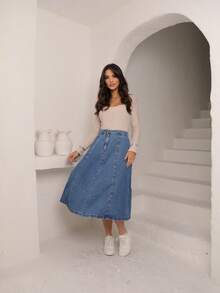 Women's A-Line Midi Denim Skirt, Stylish Winter Look - Light Wash - View 4
