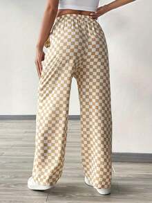 Plaid Print Casual Loose Drawstring Wide Leg Pants - Khaki - View 2