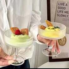 1pc INS Style Home Dessert Pudding Striped Tall Glass Cup For Ice Cream, Cold Drinks, Cocktails, Etc.