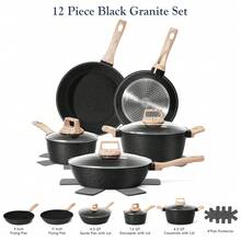 12 Pcs Pots And Pans Set Nonstick,  Induction Kitchen Cookware Sets, Non Stick White Cooking Set With Frying Pans Set & Saucepan, PFOA PFOS APEO Free,Heat-Resistant Cooking Pot, Suitable For Stove And Gas Stove, Suitable For All Seasons Home - 黑色 - 查看 9