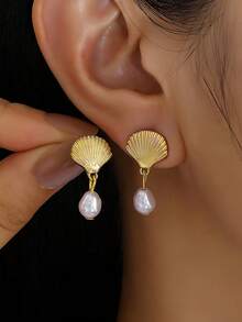 Sea Star Shell Earrings Beach Jewelry Women's Lightweight And Elegant Pearl Water Drop SeaShell Beach Earrings With Sea Charm, Suitable For Summer Vacation Coastal Accessories - 金色 - 查看 5