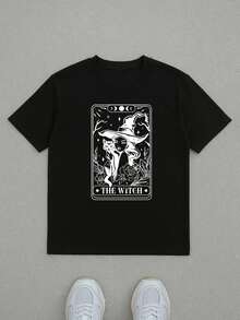 Maglietta da uomo con stampa floreale e gatto nero, stile gotico strega, scollo rotondo casual, 220 g/m² di puro cotone (1 pezzo)