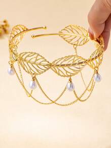 1pc Fashion Chain Tassel Hollow Leaf Shaped Cuff Bracelet With Butterfly/Teardrop Faux Pearl Pendant (No Gift Box), Butterfly Direction Random