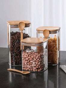 1pc Square Airtight Glass Jar With Wooden Spoon, Suitable For Storing Coffee Beans, Soybeans, Sugar And Salt. Some Kitchen Storage Jars Can Also Be Used For Jam And Ice Cream, Made Of Reusable Borosilicate Glass.