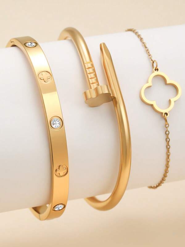 Fashionable European And American Four-Leaf Clover Shaped Zirconia Inlaid Women's Bracelet Set, Suitable For Multiple Occasions, Can Be Stacked, Also Suitable As A Gift For Friends