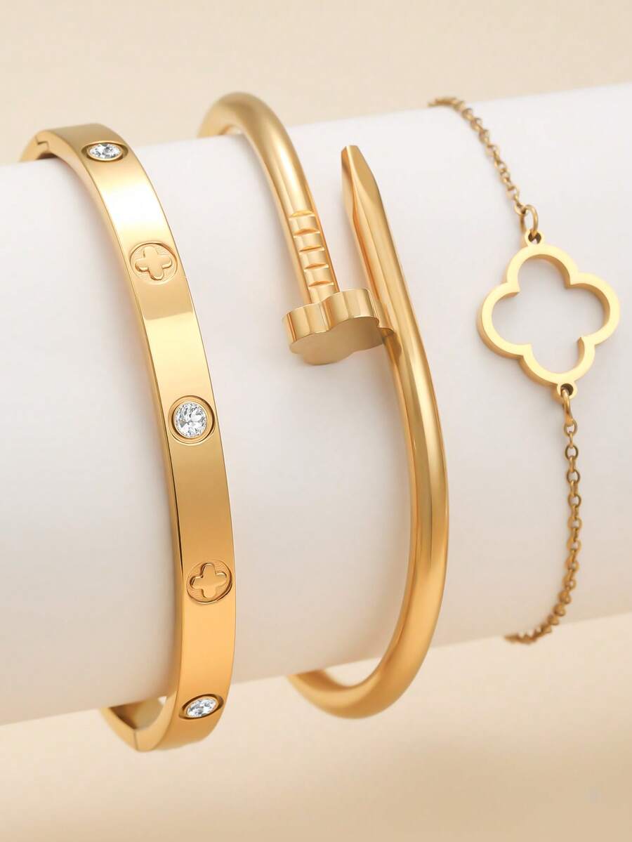 Fashionable European And American Four-Leaf Clover Shaped Zirconia Inlaid Women's Bracelet Set, Suitable For Multiple Occasions, Can Be Stacked, Also Suitable As A Gift For Friends - Yellow Gold - View 1