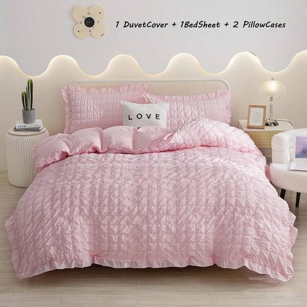 4pcs New Foam Yarn Solid Color Lace Four Piece Set, Cute And Fresh Style, Skin Friendly And Soft, Suitable For All Seasons (2 Pillowcases, 1 Duvet Cover, 1 Bed Sheet, No Core, Filling The Duvet Core For Better Effect)