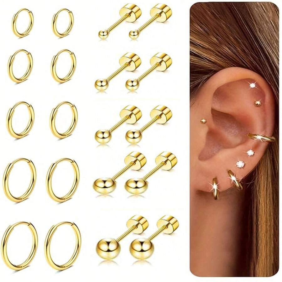 10 对耳环和耳钉套装 - 小号环形耳环、平背内螺纹耳环、珍珠耳钉、不锈钢耳环套装、极简主义珠宝、日常佩戴、赠送朋友的礼物