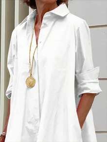 2025 New Knee Length Shirt Dress Lapel Collar Long Sleeves Buttoned Loose Fit Dress For Women - trắng - Xem 2