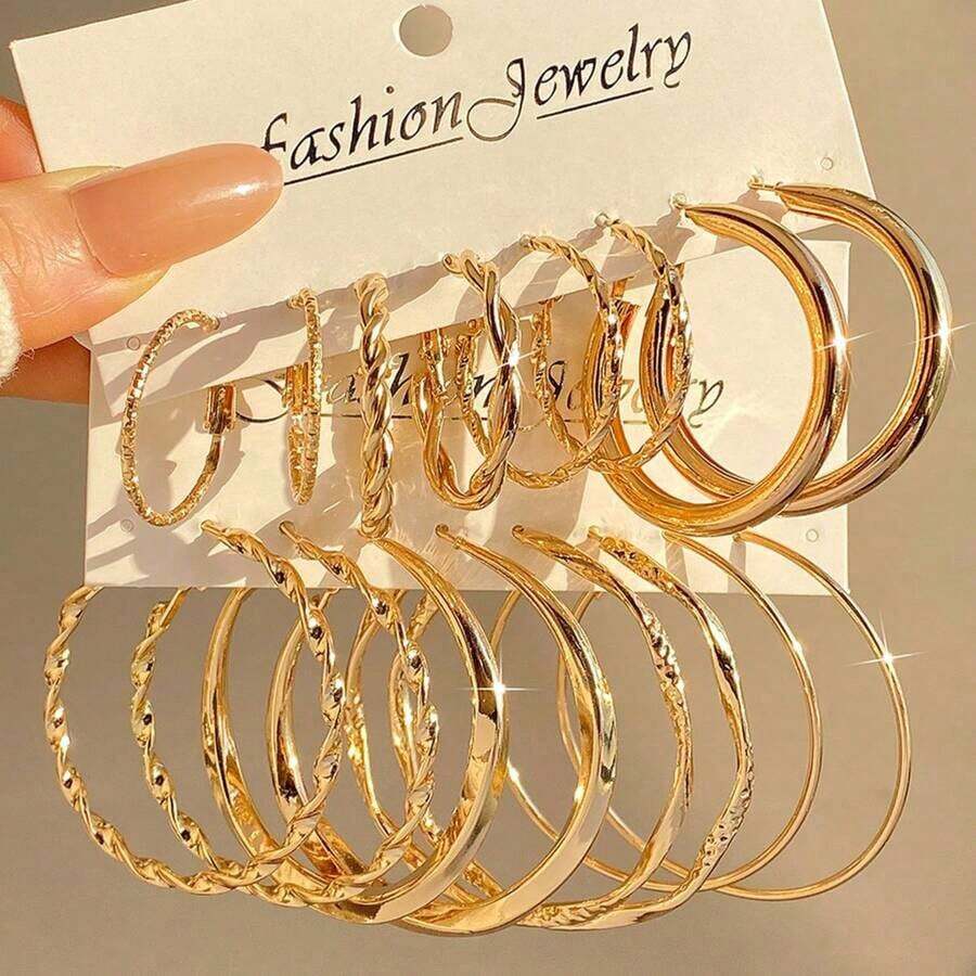 8 Pairs Women's Metal Twist Hoop Earrings Set, Suitable For Daily, Party, Beach, Minimalist Style Jewelry Earrings, Women Jewelry Set - Gold - View 1