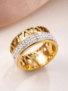 1pc Fashionable Stainless Steel Hollow Great Wall & Clover Rhinestone Decor Ring, Suitable For Men And Women Daily Wear - Ring - View 15