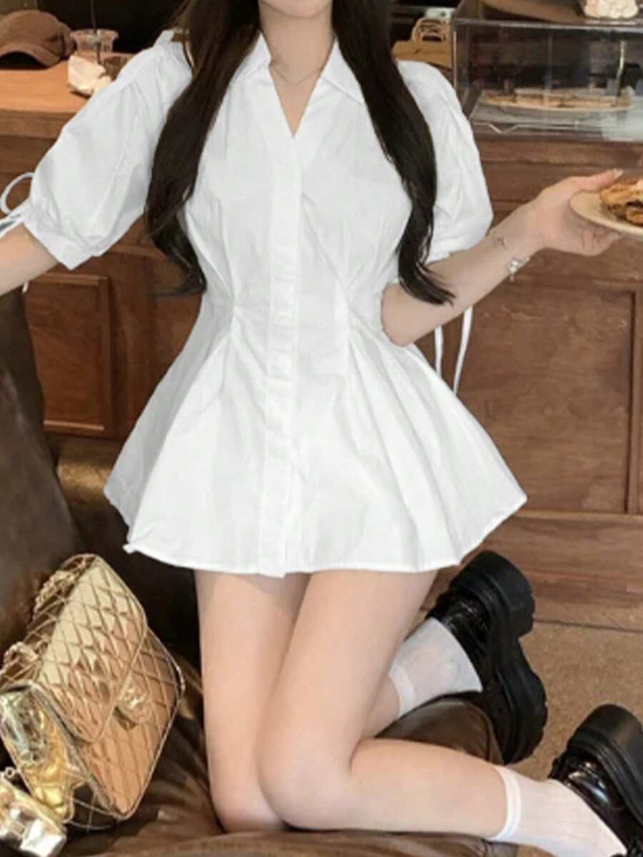 2025年春季新款蓝色短袖衬衫，独特可爱的束腰上衣 - 白色 - 查看 1