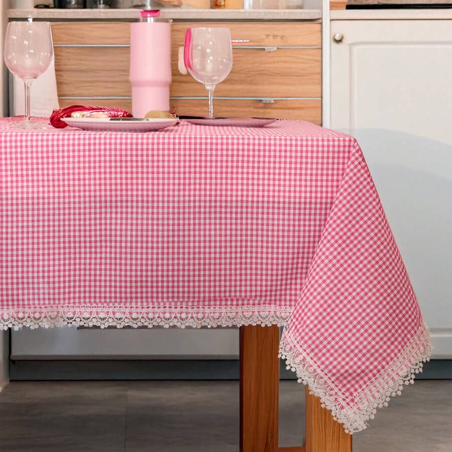 Made In Turkey - 100% Turkish Cotton Tablecloth With Lace Edges – 170x170 Cm – Elegant Square Dining Table Cover – Machine Washable - Pink - View 1