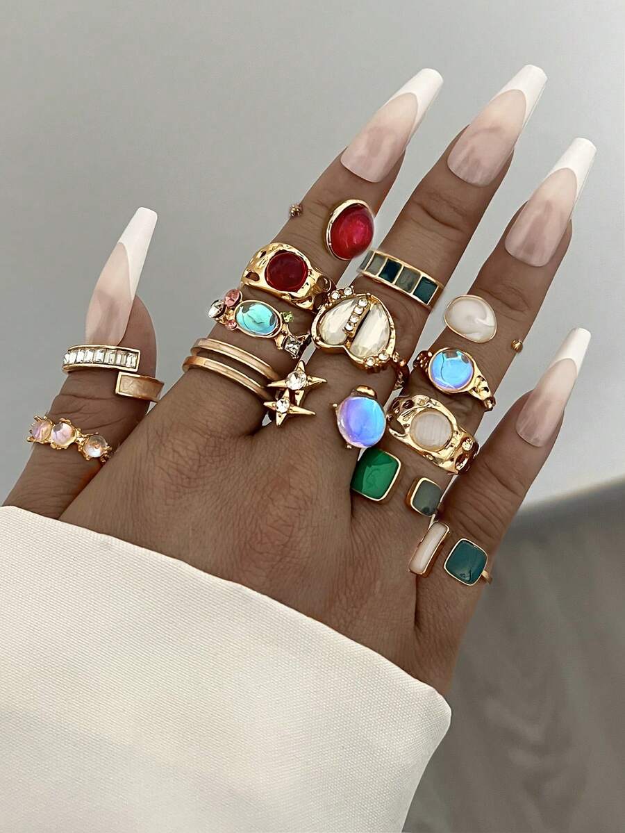 Set 6/9 buah Cincin Tebal Desain Ledakan Batu Permata Imitasi Bentuk Hati Berongga Asimetris, Lucu, Dapat Ditumpuk, Gaya Retro Elegan dan Modis, Cocok untuk Liburan, Pesta, Kencan, Pemakaian Sehari-hari, Juga Cocok Sebagai Hadiah