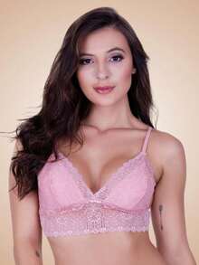 Lace Bra Without Pads And Thin Straps - Baby Pink - View 3