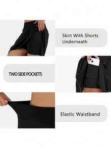 New Spring/Summer Sports Pleated Tennis Skirt Shorts, 2-In-1 Tennis Skirt With Built-In Phone Pocket, High Waist 2 In 1 Skirt Shorts, Anti-Flashing Outdoor Tennis, Badminton, Golf, Yoga Activewear, Quick-Dry Breathable Running, Dancing Fitness Clothes - Black - View 6