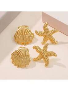 A Set Of 6 Fashionable And Elegant Golden Stainless Steel Earrings For Women, Featuring Jewelry Elements Such As Starfish, Shells, Seashells And Feathers, Free Of Allergens, With Long-Lasting Colors, Suitable For Daily Wear And A Graduation Season Gift.