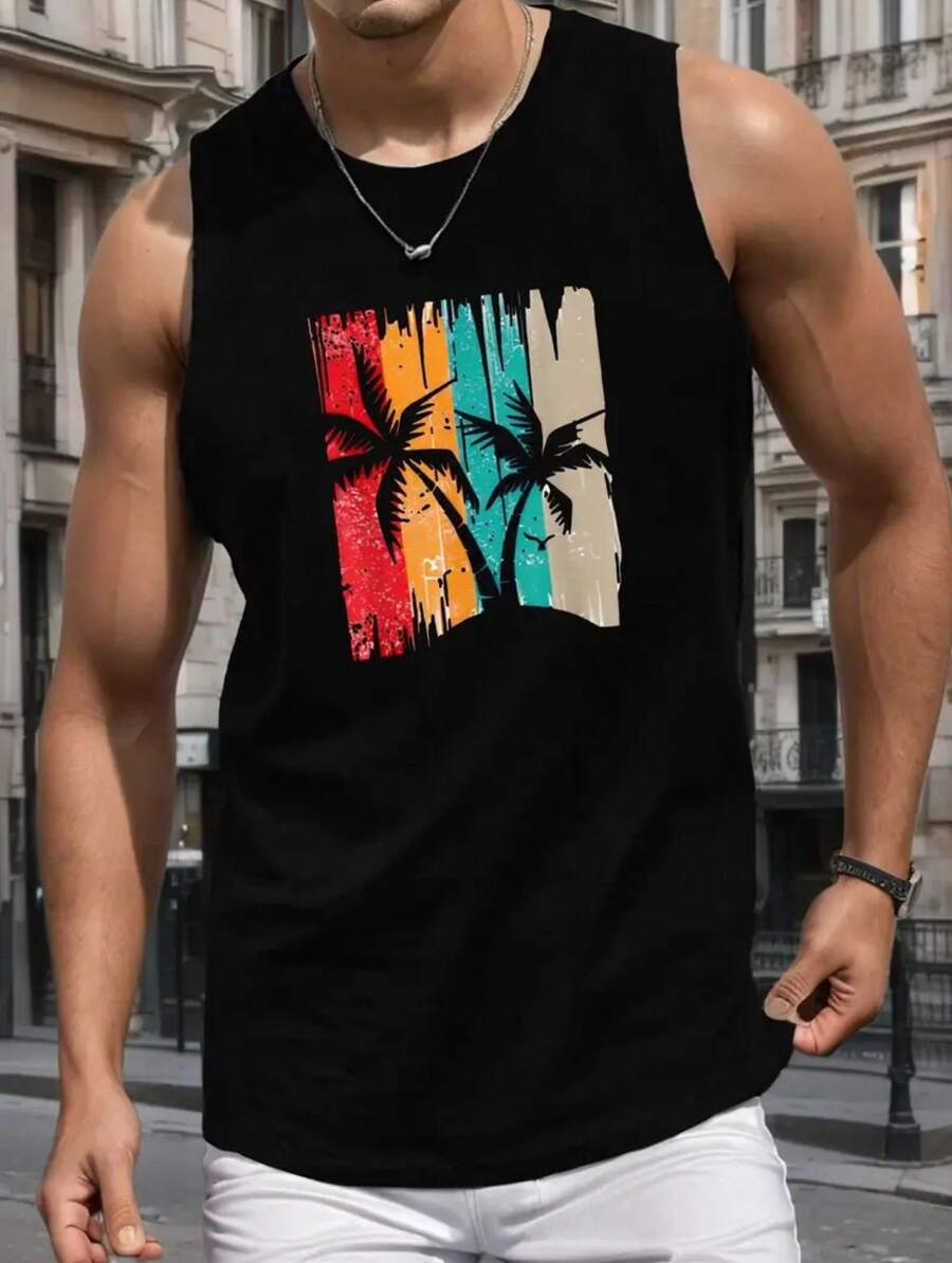 Black Scoop Neck Men's Tank Top With Colorful Coconut Tree Print, Surfing Sleeveless T-Shirt, Great For Training, All Occasions - màu đen - Xem 1