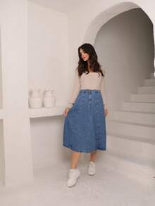 Women's A-Line Midi Denim Skirt, Stylish Winter Look - Light Wash - View 3