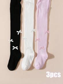 1/3 双女婴可爱蝴蝶结装饰紧身裤袜，适合所有季节的女童浪漫风格紧身裤