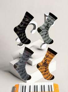1/4 双音符图案中筒袜，男女通用返校时尚袜子，舒适柔软情侣运动休闲袜，适合日常穿着、运动、休闲、四季