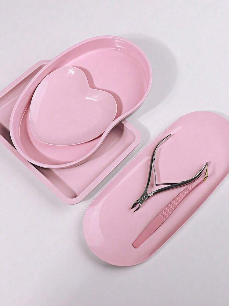 1pc Stainless Steel Disinfection Tray Set, Including Kidney Tray, Square Tray, Heart Tray, Oval Tray, Heat-Resistant Beauty & Nail Care Tools, Portable Disinfection Tray For Nail Salon - Pink - View 1