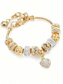 1pc Shimmering Round Shaped Metallic Bead & Rhinestone Detailing, Hollow Out Heart Shaped Metallic Bead & Rhinestone Detailing Detachable Copper Chain Bracelet For Women, Ideal For Dating And As A Fashionable Gift Valentines,Mom,Mother,Mother's Day,Gift - 金子 - 查看 3