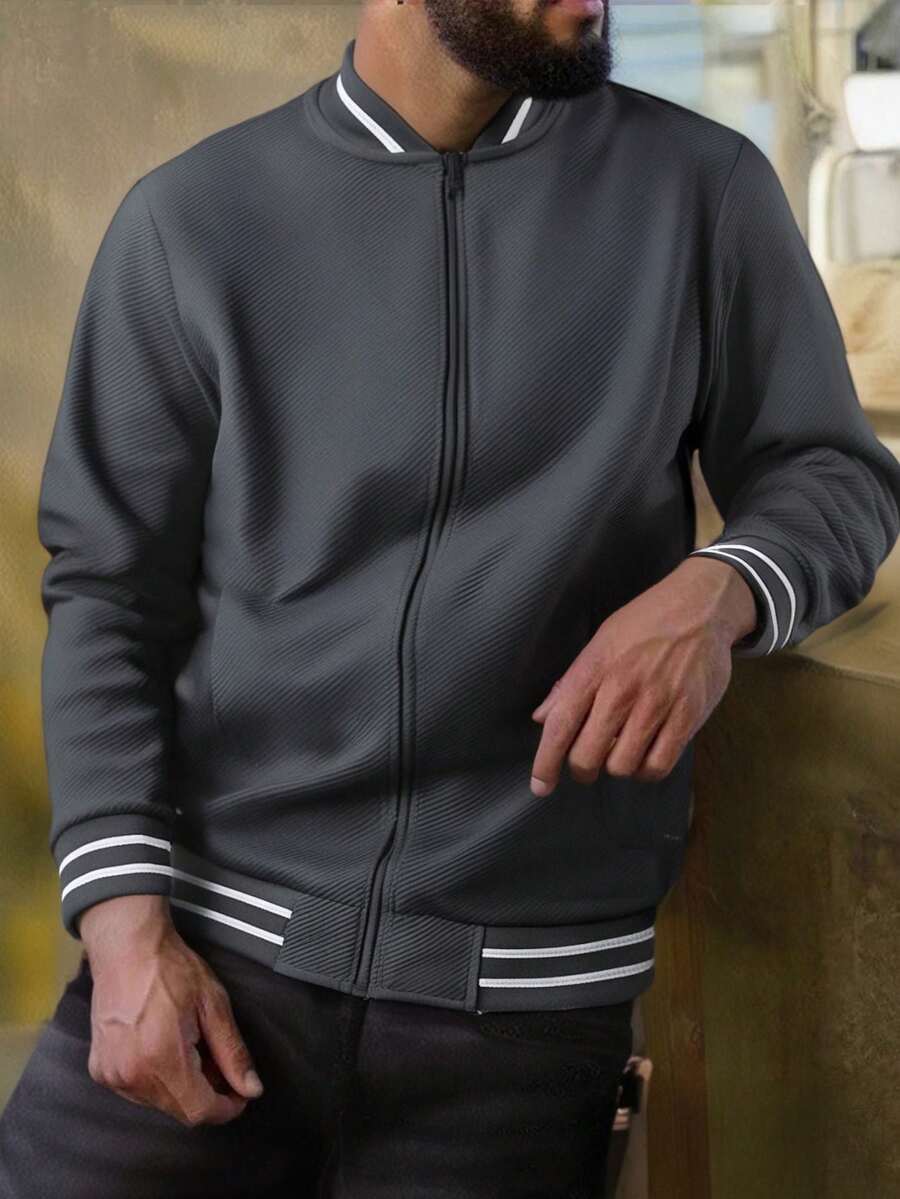 Men's Minimalist Varsity Jacket Classic Baseball Bomber Style , Fall - Dark Grey - View 1