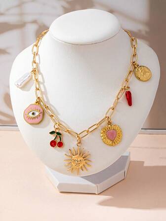 1 st flerfärgat bohemiskt semesterhalsband med rosa öga, chilipeppar, djävulsöga, hjärta, körsbärshänge och barockpärla, lämplig för semester, dejt, fest, resor, gatustil och vardagskläder